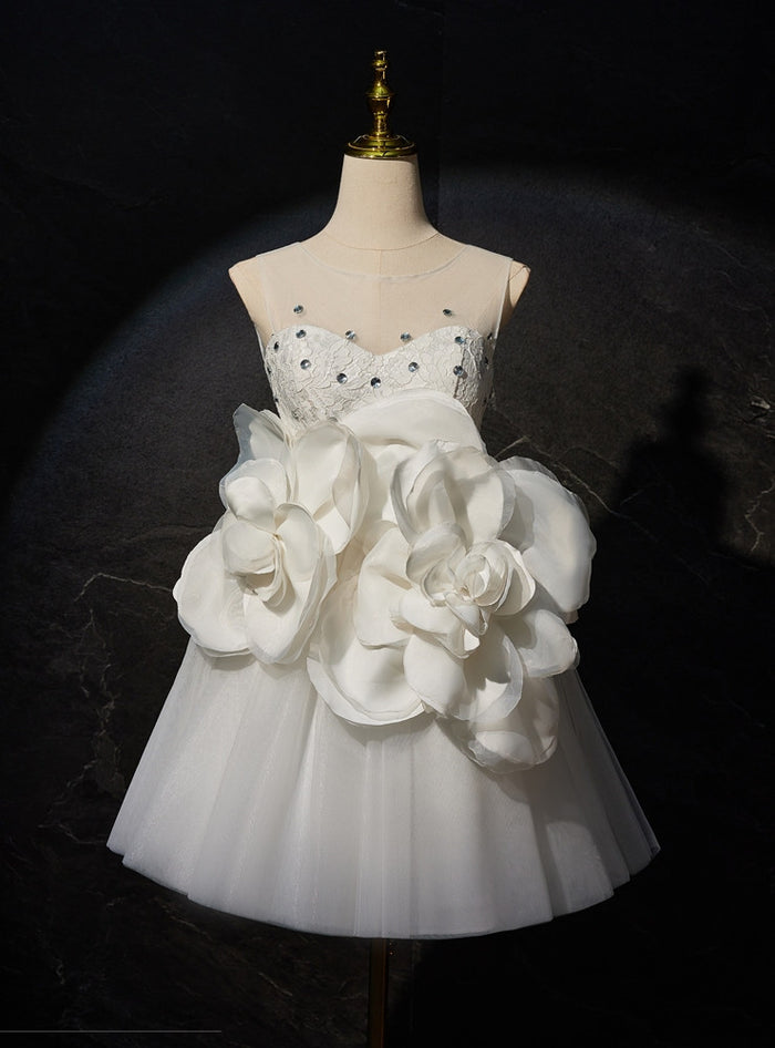 White Tulle Lace 3D Flower Wedding Dress