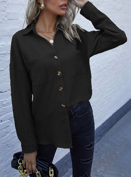 Long Sleeve Solid Color Lapel Long Vintage Shirt