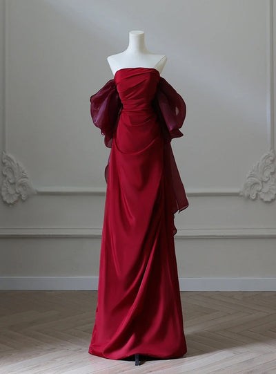 Burgundy Strapless Pleats Prom Dress