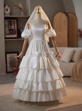 White Satin Strapless Puff Sleeve Wedding Dress
