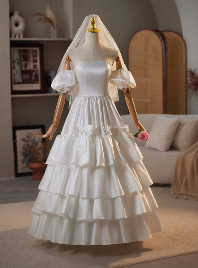 White Satin Strapless Puff Sleeve Wedding Dress