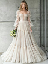 Ivory Tulle Long Sleeve Pleats Wedding Dress