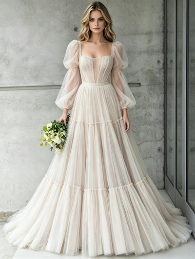 Ivory Tulle Long Sleeve Pleats Wedding Dress