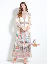 Retro Palace Printed Row Button Lantern Sleeve Dress