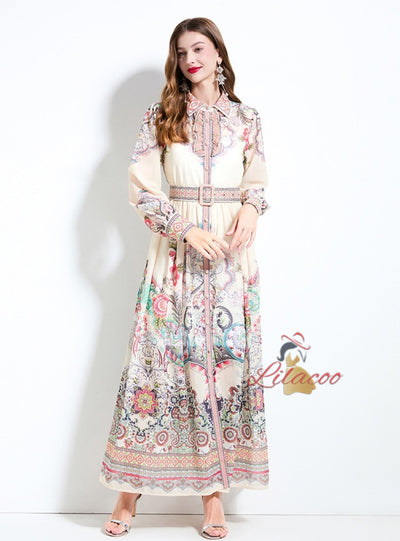 Retro Palace Printed Row Button Lantern Sleeve Dress