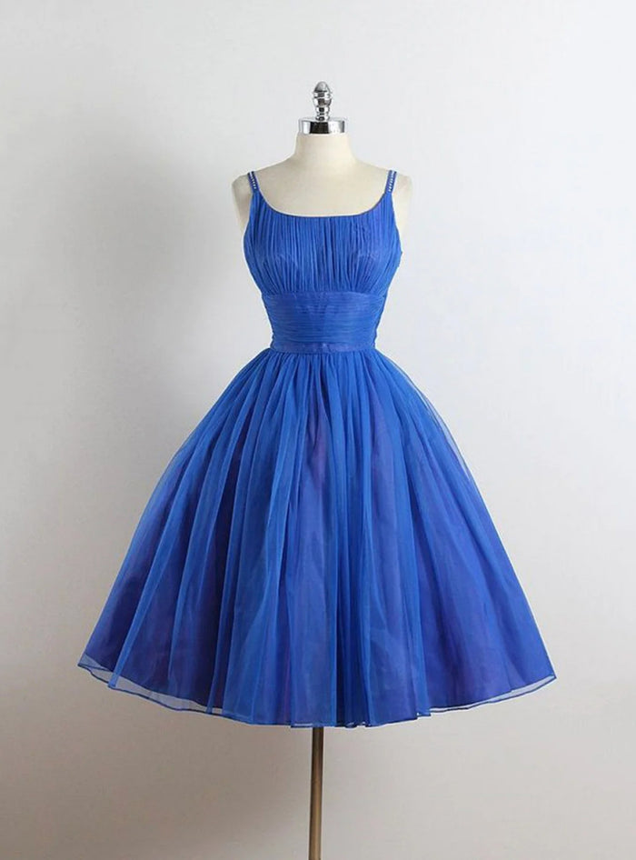 Royal Blue Tulle Spaghetti Straps Pleats Homecoming Dress