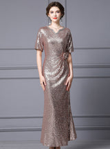 Champagne Sequins Short Sleeve Mother Of The Bride Dress