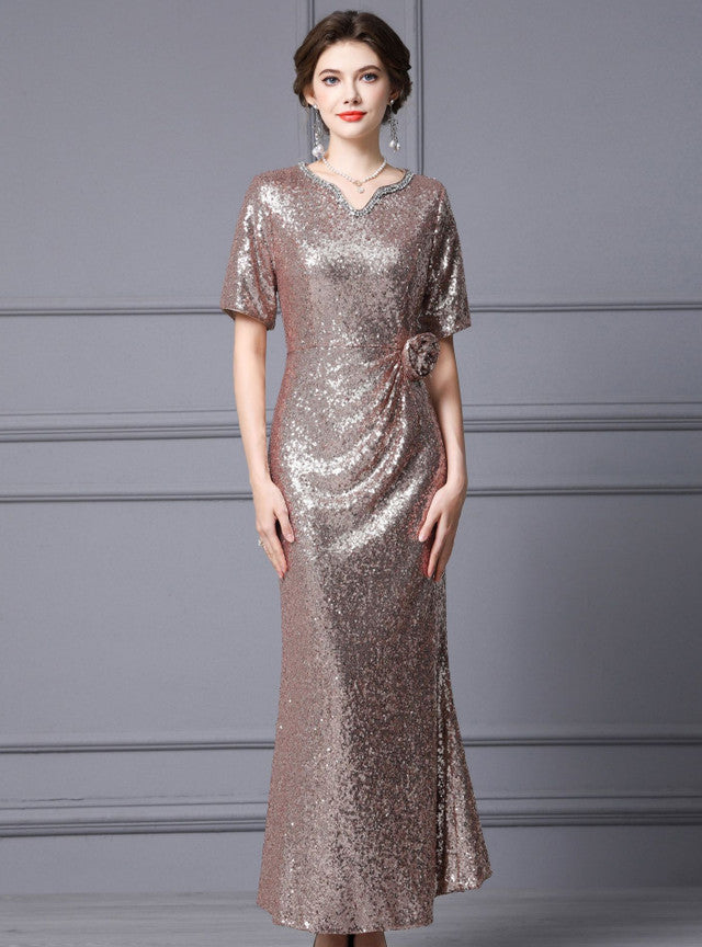Champagne Sequins Short Sleeve Mother Of The Bride Dress