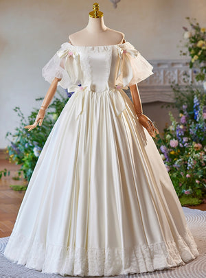 Ivory Satin Lace Puff Sleeve Bow Wedding Dress