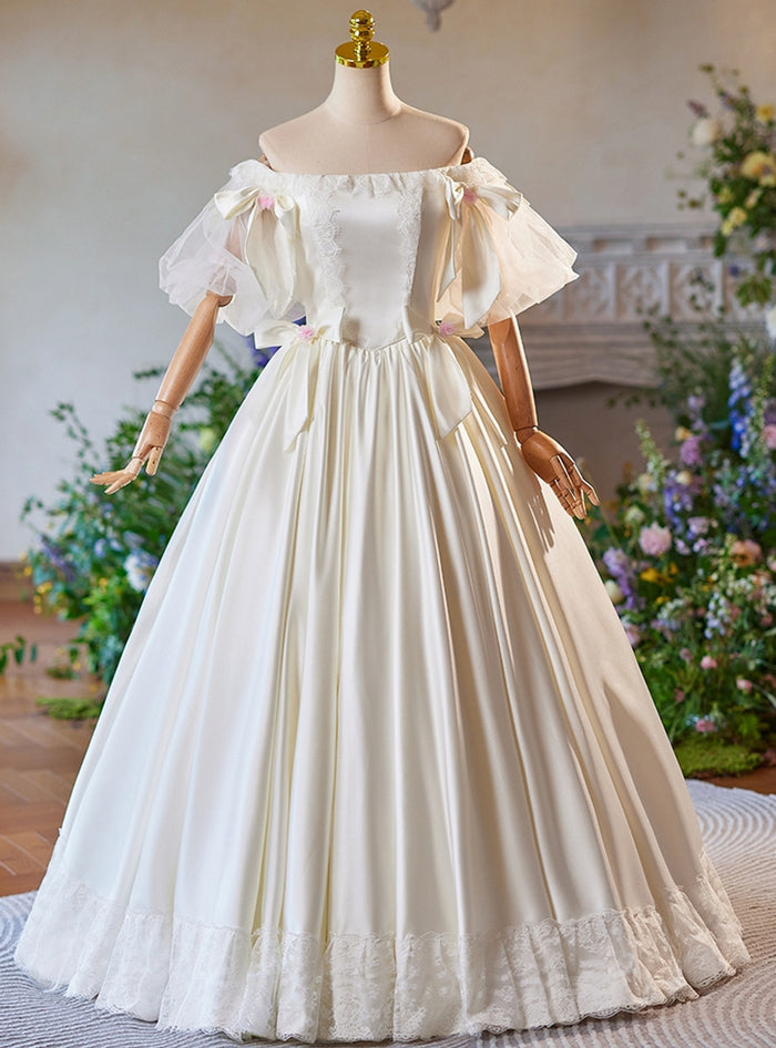 Ivory Satin Lace Puff Sleeve Bow Wedding Dress