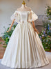 Ivory Satin Lace Puff Sleeve Bow Wedding Dress