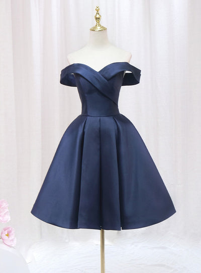 Navy Blue Satin Off the Shoulder Pleats Homecoming Dress