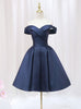 Navy Blue Satin Off the Shoulder Pleats Homecoming Dress