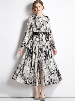 Ink-and-wash Printed Long Sleeve Dress