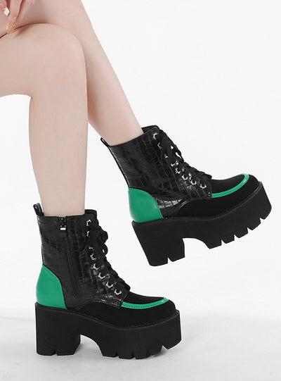 Contrasting Serpentine Embossed Thick-soled Heel Booties