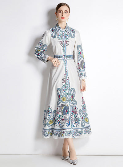 Printed Long-sleeved High-waist Slim Dress