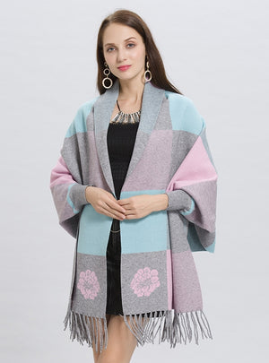 Plaid Fringed Knit Cardigan Shawl