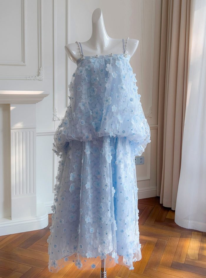 Blue Suspender Flower Dress