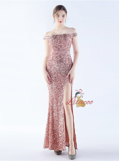 Sequins Off the Shoulder Split Prom Dress
