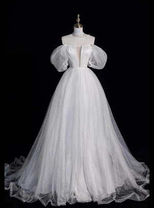 White Sequins Off the Shoulder Pleats Prom Dress