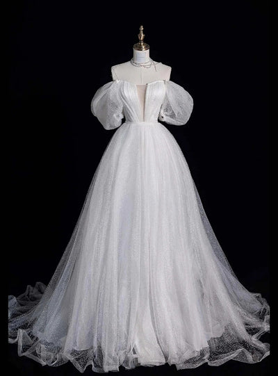 White Sequins Off the Shoulder Pleats Prom Dress