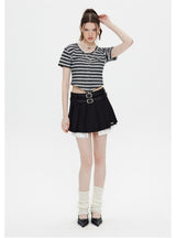 Short-sleeved Irregular V-neck Striped T-shirt