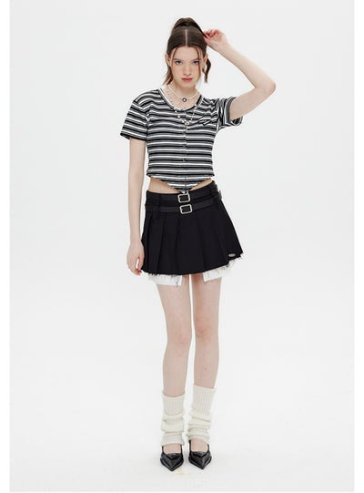 Short-sleeved Irregular V-neck Striped T-shirt
