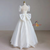 White Organza Puff Sleeve Bow Wedding Dress