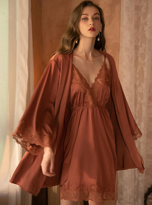 Lace Deep V Backless Suspender Nightdress Suit