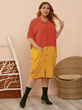 Lapel Pocket Contrast Shirt Dress