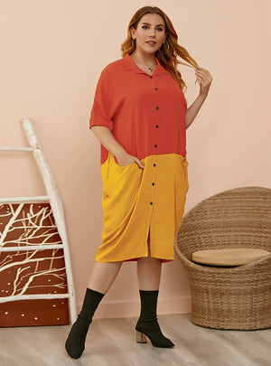 Lapel Pocket Contrast Shirt Dress