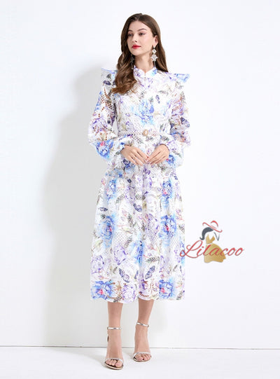 Hollow Lace Long Sleeve Printed Dress