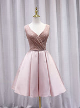 Pink Satin Sequins V-neck Homecoming Dress