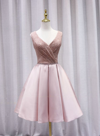Pink Satin Sequins V-neck Homecoming Dress