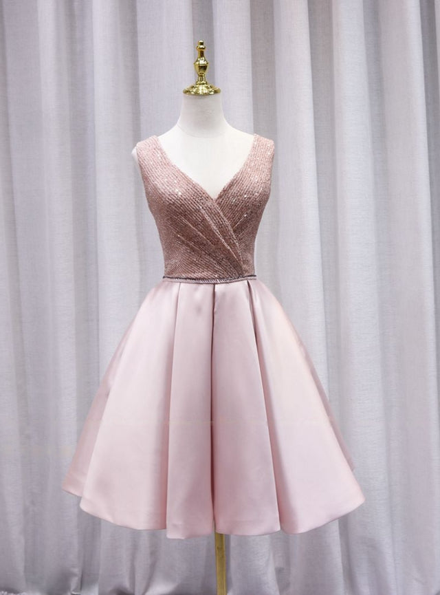 Pink Satin Sequins V-neck Homecoming Dress