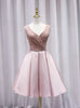 Pink Satin Sequins V-neck Homecoming Dress