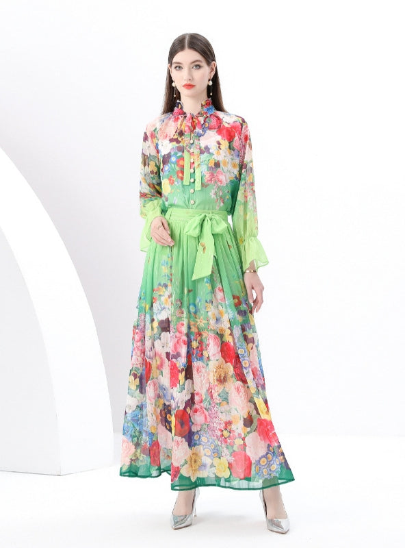 Women Printed Chiffon Shirt+Skirt Suit