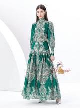 Palace Lantern Sleeve Button Print Dress