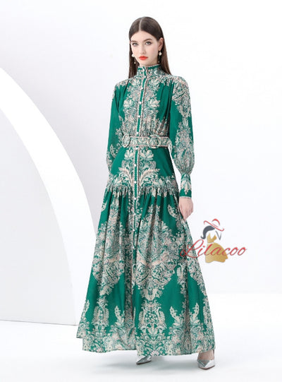 Palace Lantern Sleeve Button Print Dress