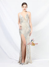 Spaghetti Straps Sequins Split Prom Dress