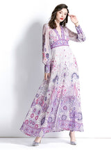 Retro Deep V-neck Lantern Sleeve Printed Dress