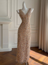 Gold Sequins V-neck Beading Prom Dress