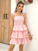 Pink Strap Ruffled Short Dress
