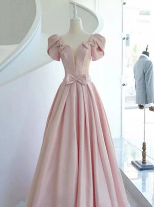 Pink Satin Puff Sleeve Bow Prom Dress