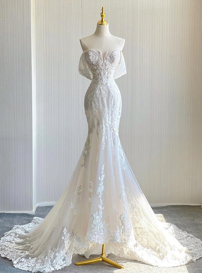White Mermaid Tulle Lace Wedding Dress