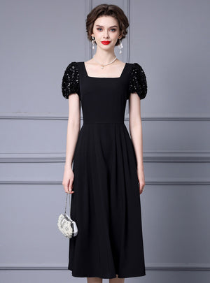 Black Sequins Puff Sleeve Mother Of The Bride Dress