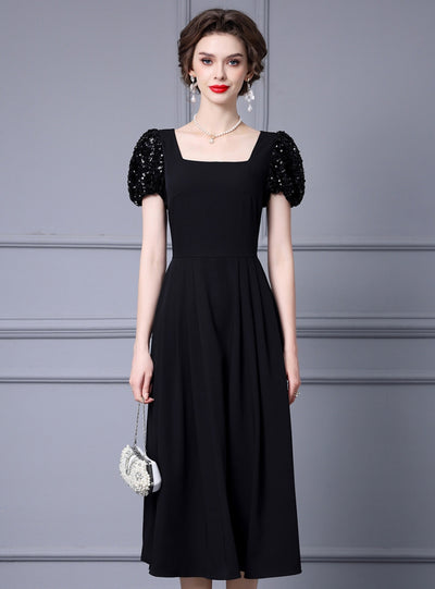 Black Sequins Puff Sleeve Mother Of The Bride Dress