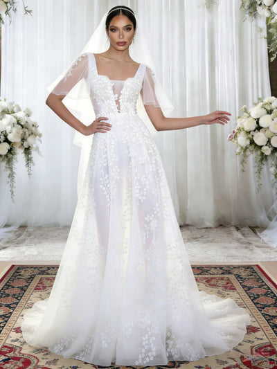 White Tulle Straps Appliques Wedding Dress
