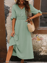 Casual High Waist Elastic V-neck Solid Color Dress