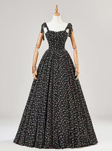 A-Line Black Spaghetti Straps Print Beading Prom Dress